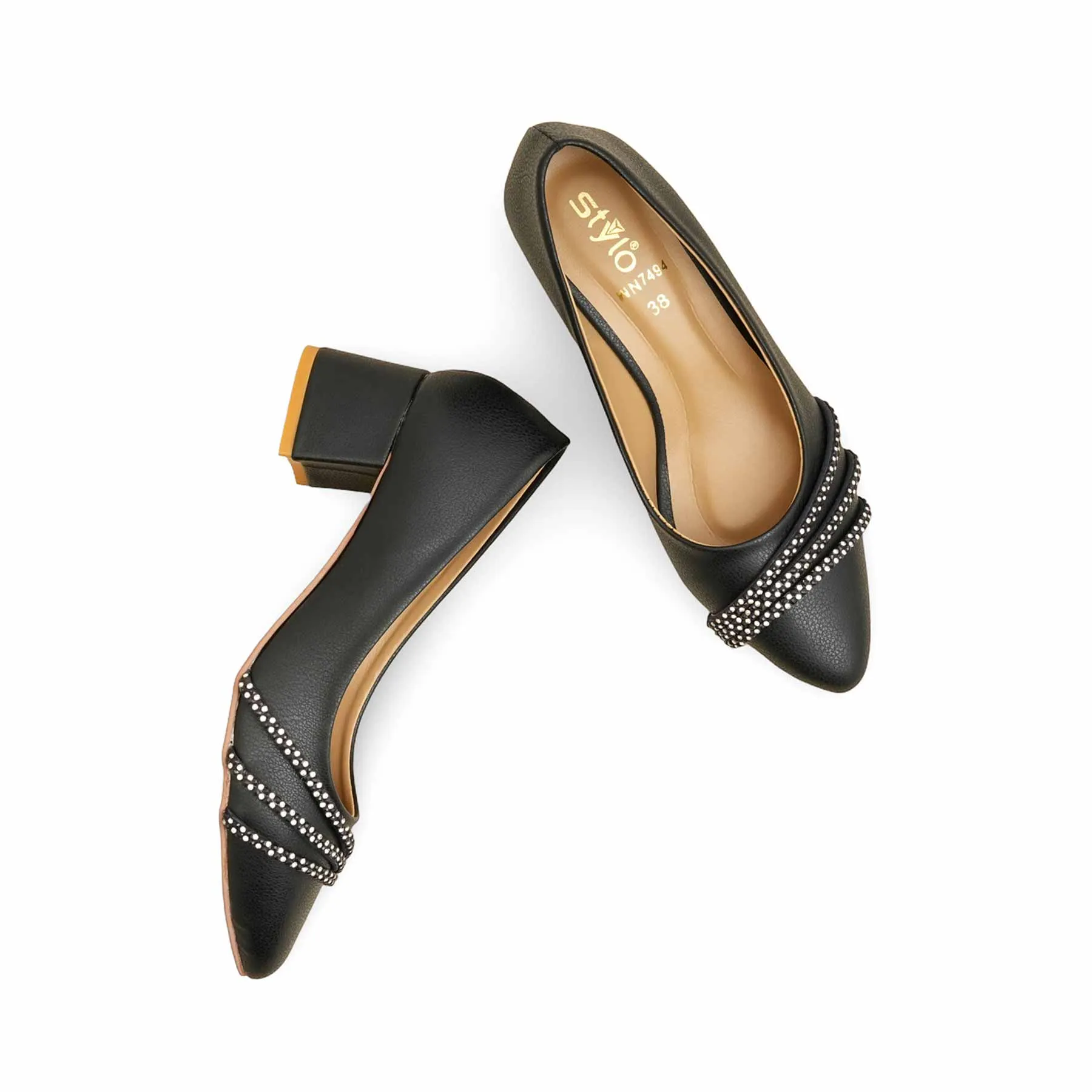 Black Court Shoes For Ladies WN7494 Chunky Heel