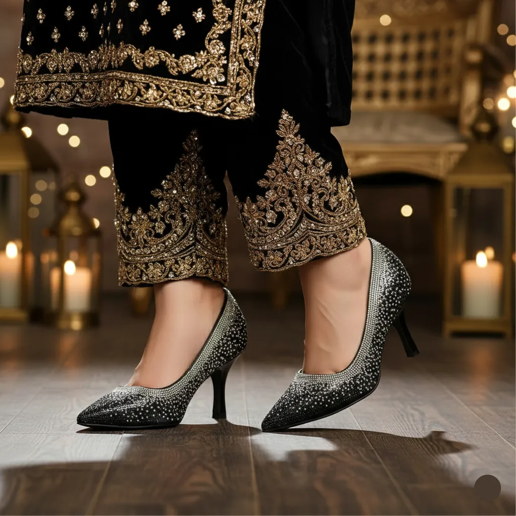 Black Fancy Bridal Court Shoes WN7543 Classic Charm Stand Out