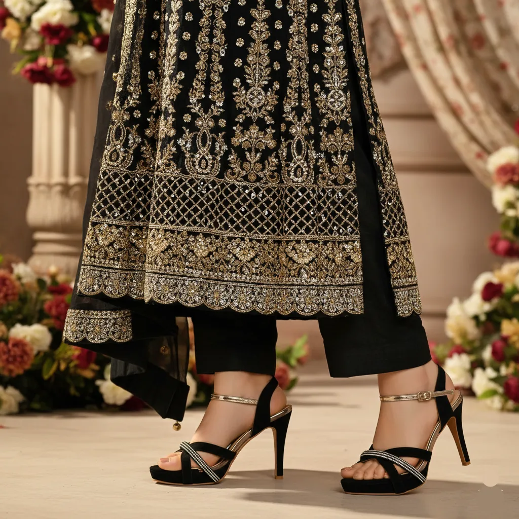 Black Fancy Bridal Sandal FN6220 Elegant Shape Foot Care