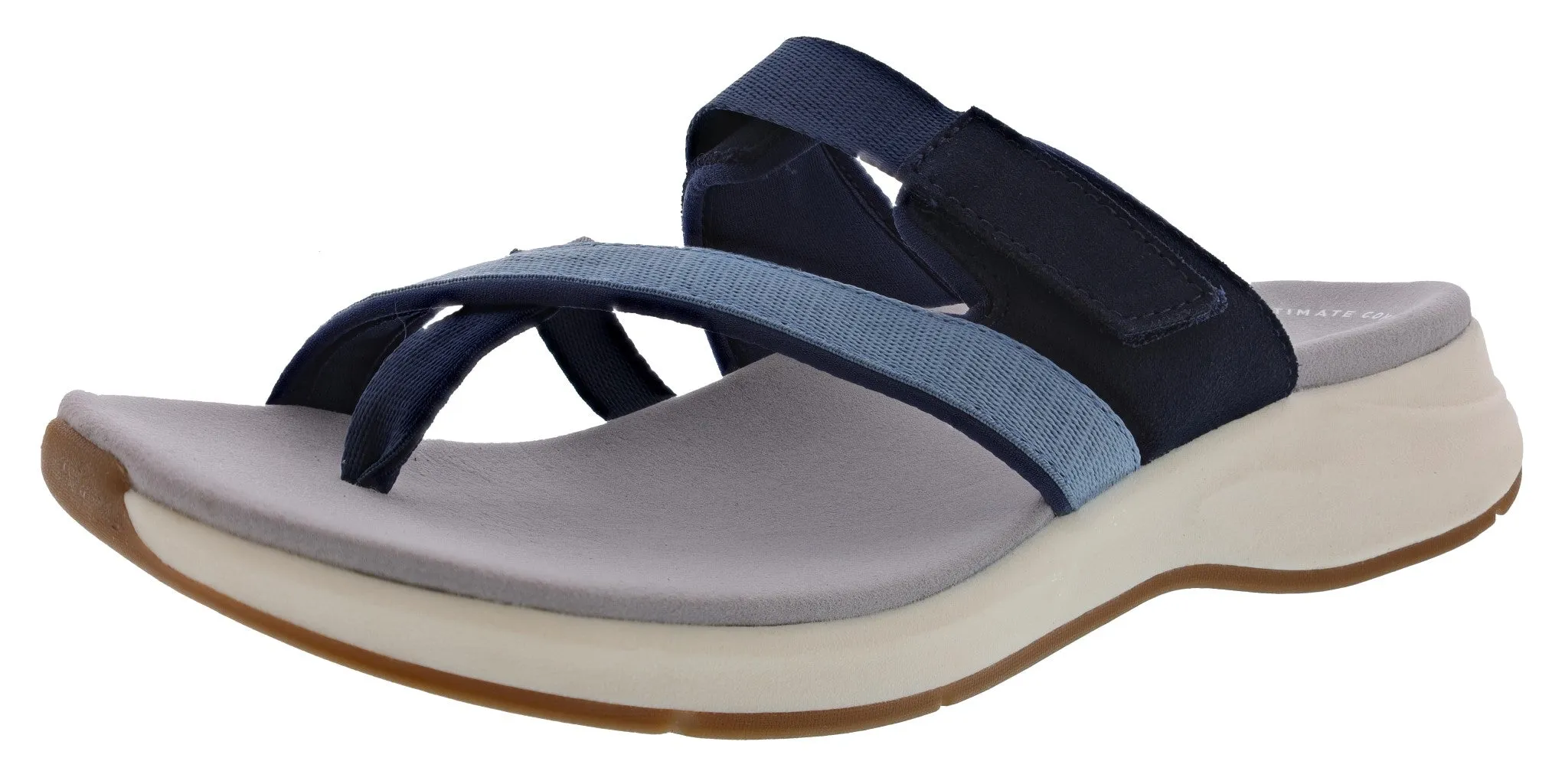 Clarks Women's Solan Surf Hook & Loop Strap Narrow Flip Flops Low Profile Silhouette Lounge Style