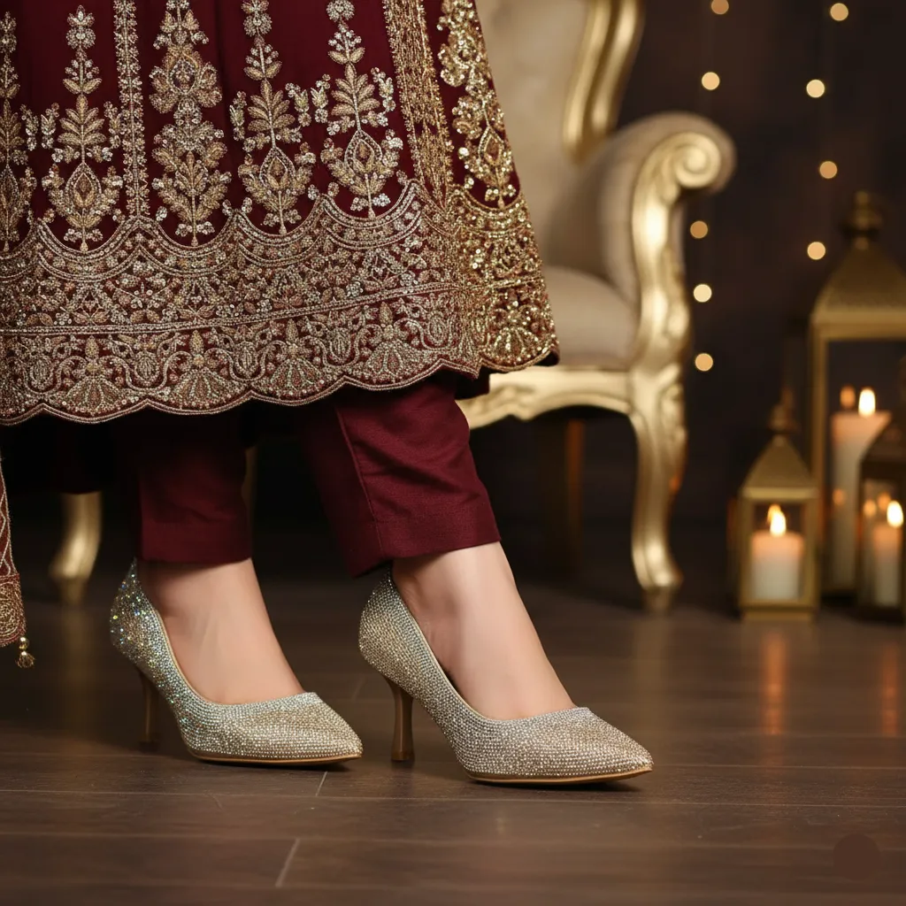 Champagne Fancy Bridal Court Shoes WN7543 Shock Pad Power Glam