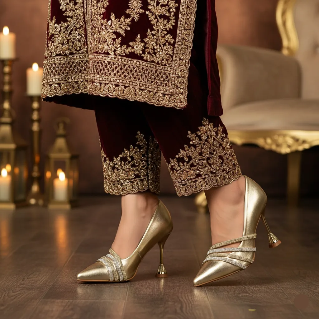 Golden Fancy Bridal Court Shoes WN7519 Fashionable Pumps