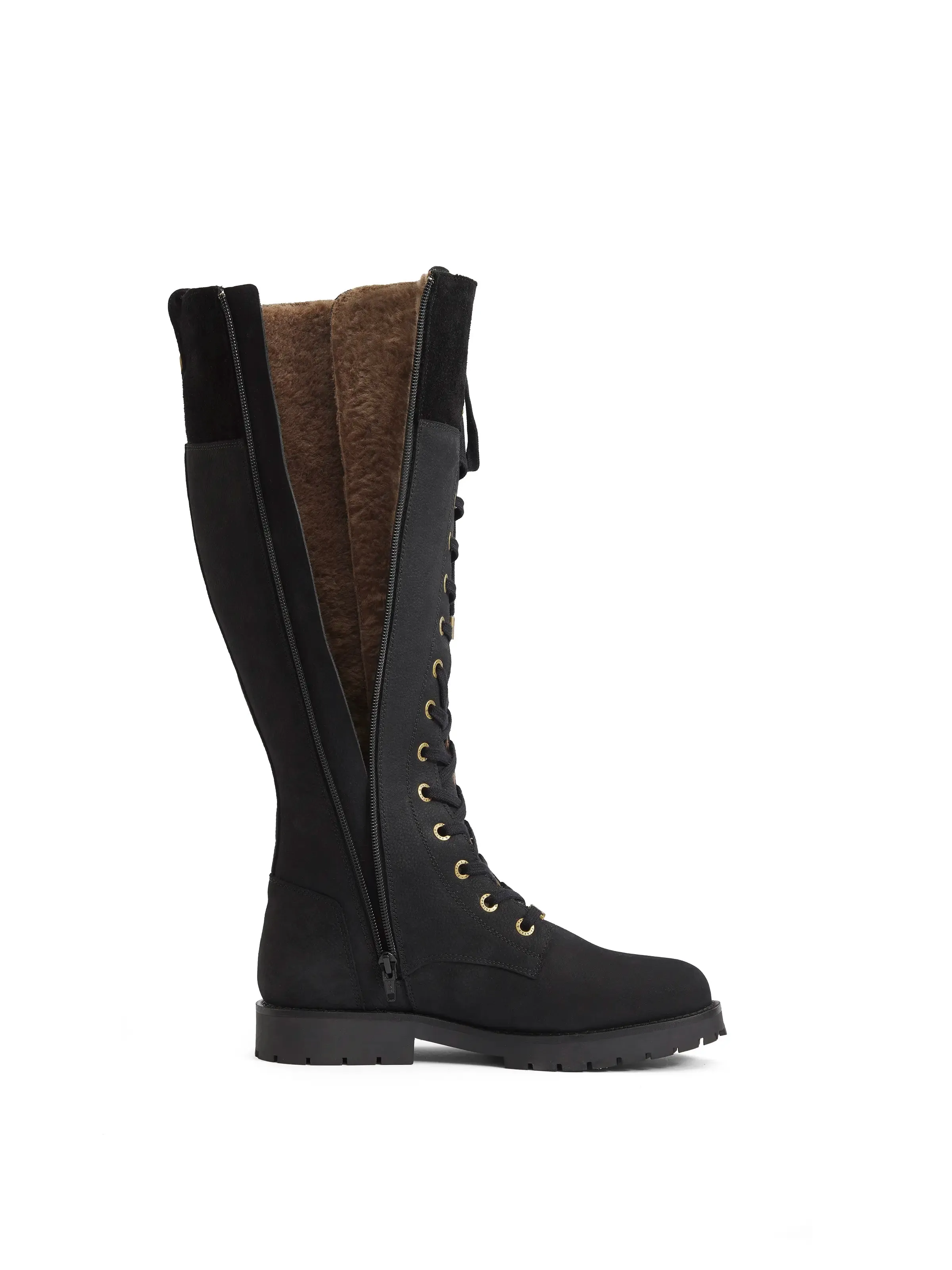 Knee High Shearling Lined Anglesey - Black Nubuck Easy Entry Comfort Padding