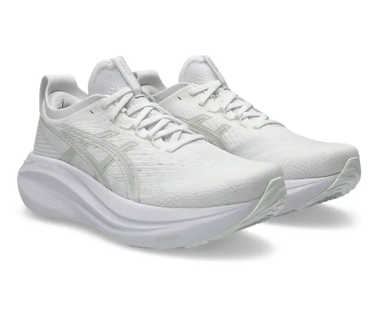 Metallic Trim Modern Comfort Mens Asics Nimbus 27 (White/Glacier Grey)