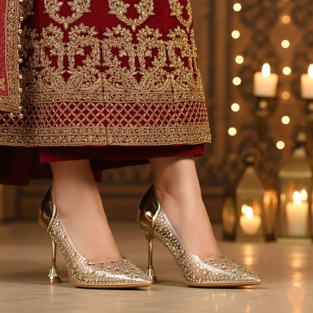 Red Carpet Sleek Pumps Golden Fancy Bridal Court Shoes WN7524