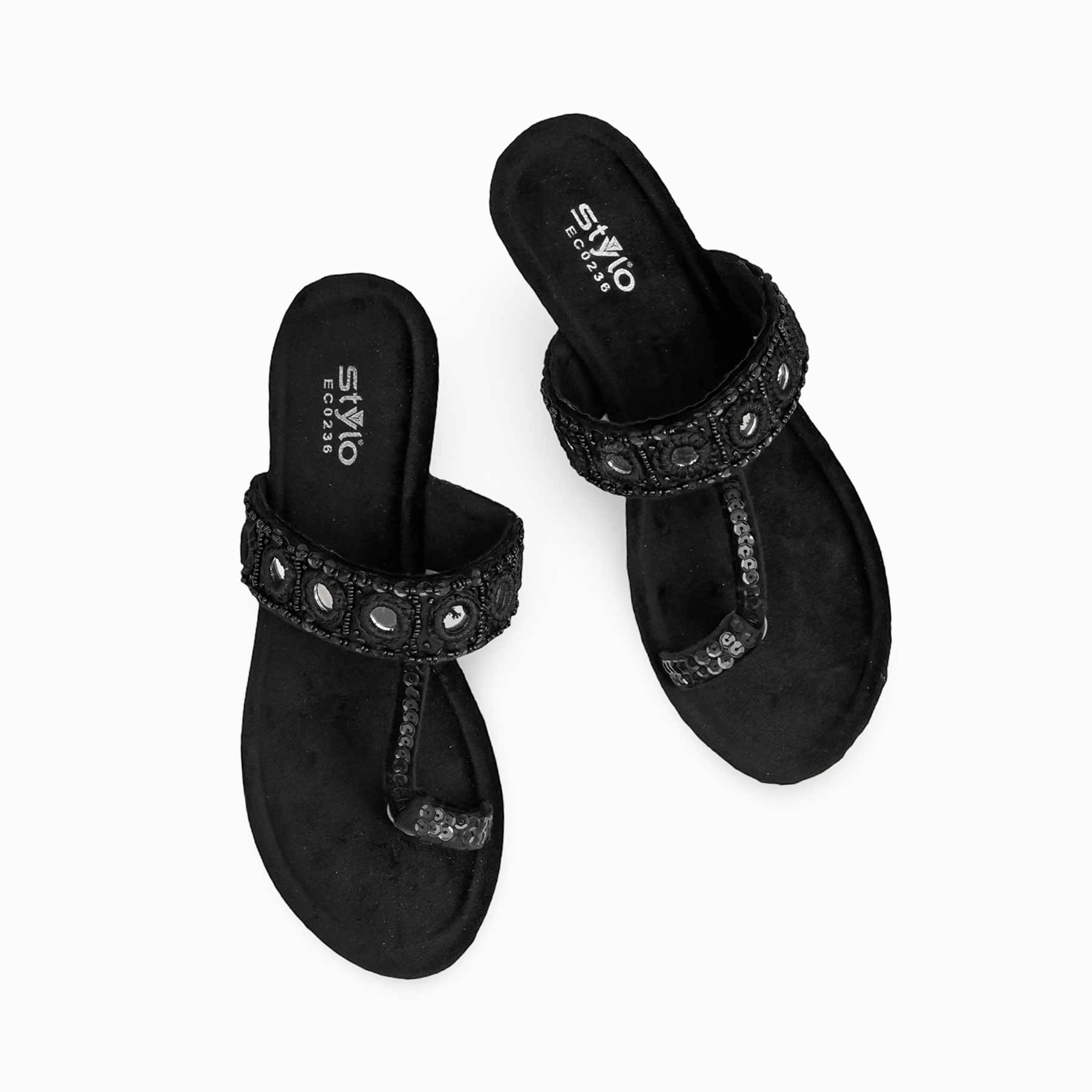 Black Ethnic Chappal For Women EC0236 Impact Resistant Plate Odor Neutralizing Fibers