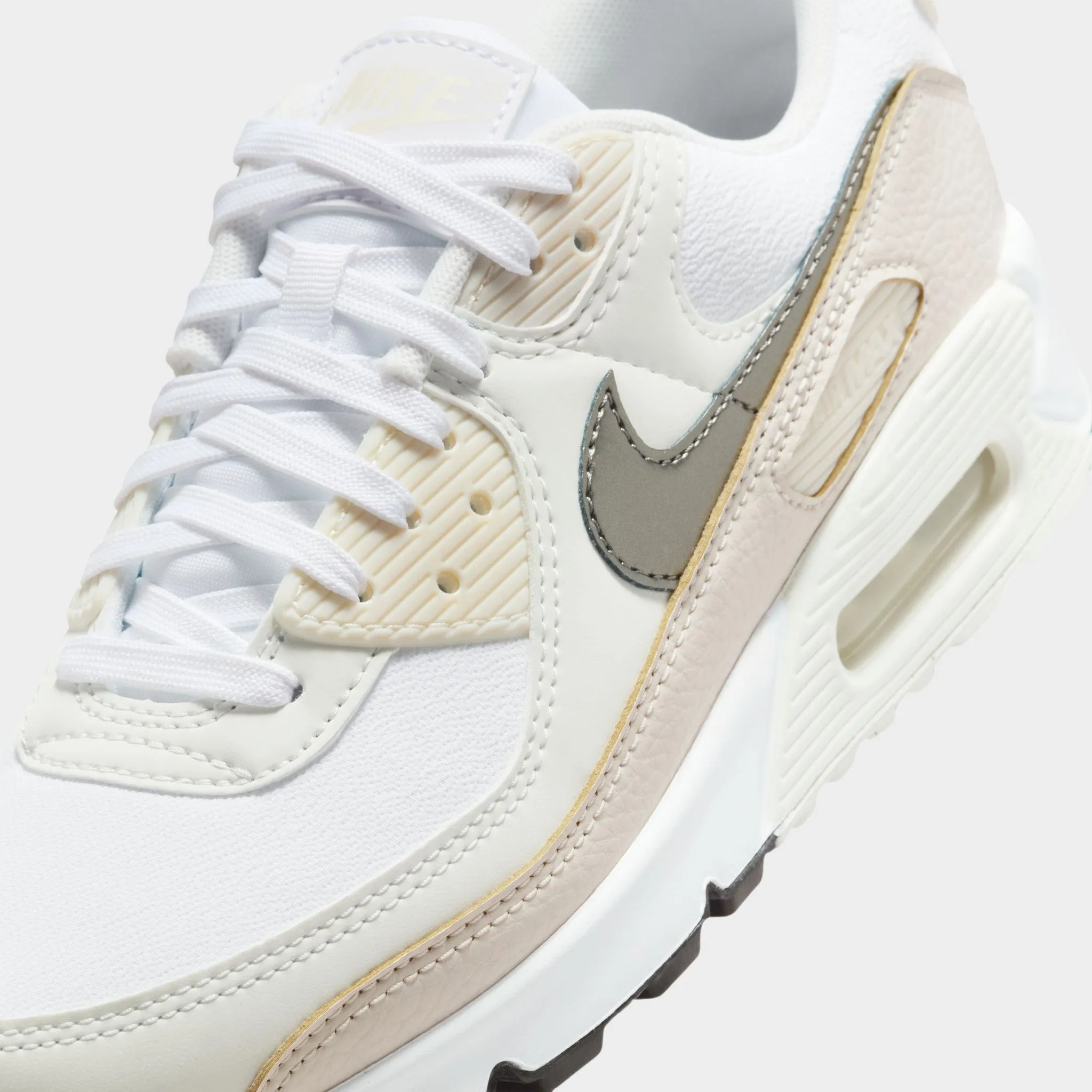 Nike Women's Air Max 90 White / Flat Pewter - Light Orewood Brown Reinforced Sides Balanced Ride