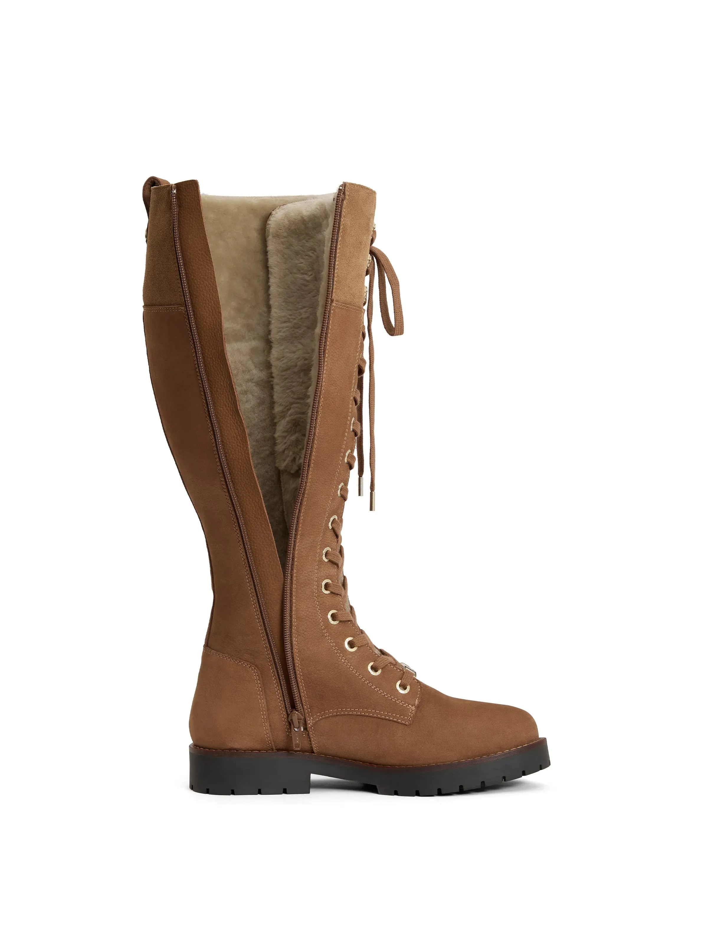 Knee High Shearling Lined Anglesey - Cognac Nubuck Slim Profile Insulated Hiking Trails