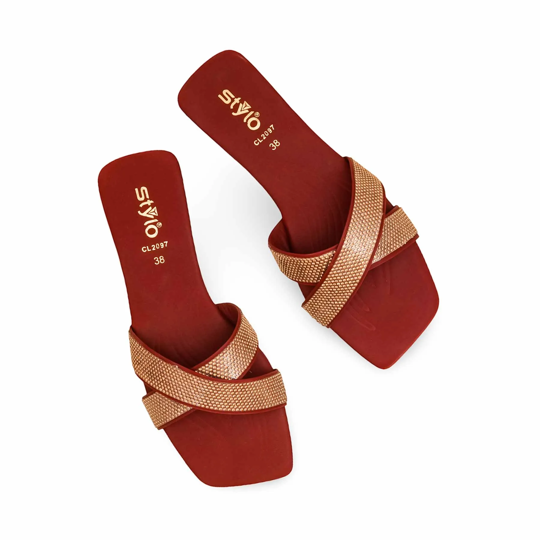 Maroon Casual Slipper For Ladies CL2097 Stud Detail Comfort Upper