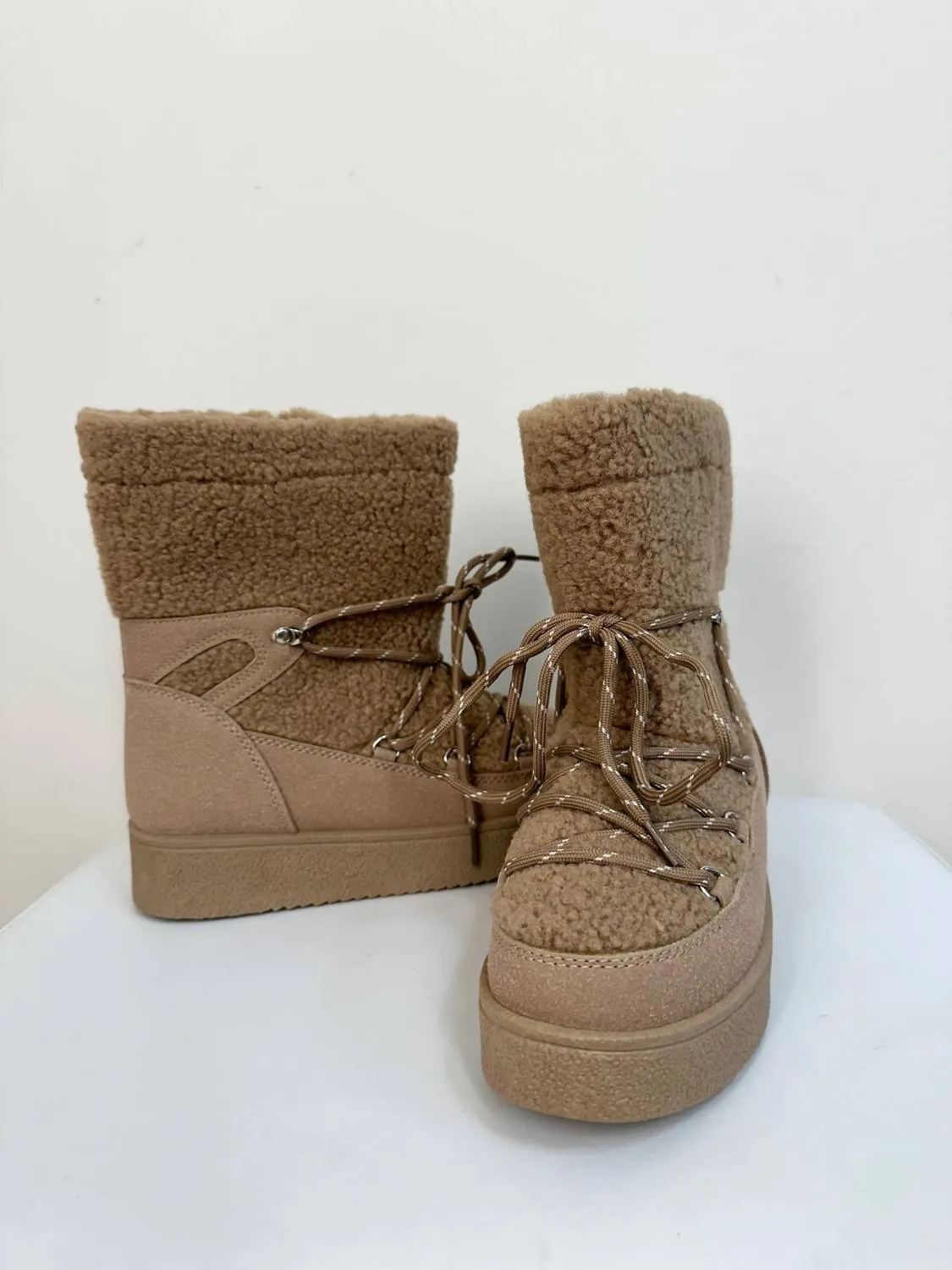 Women's Borg Fleece Furry Lace Up Snow Boots In Beige Sharp Look